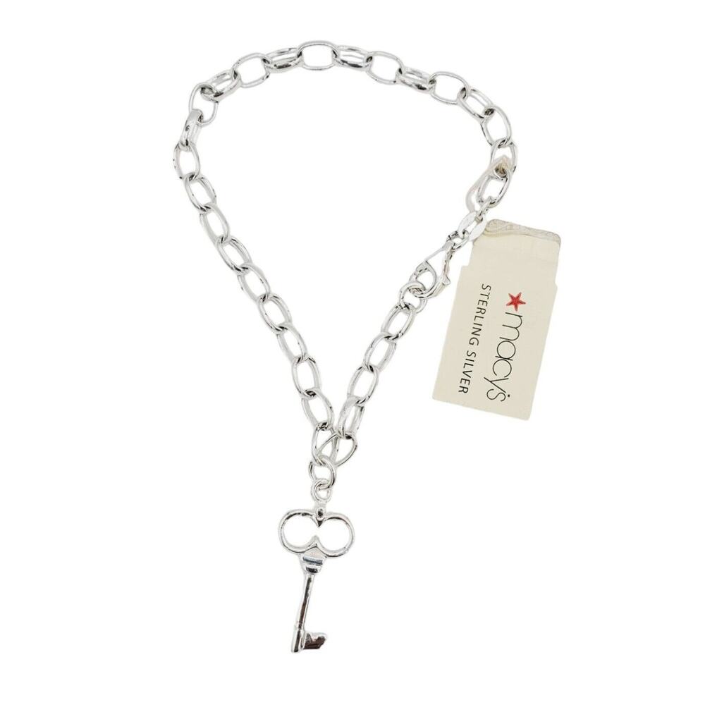Macy's Sterling Silver Skelton Key Charm on Cable Link Bracelet 7" NWT